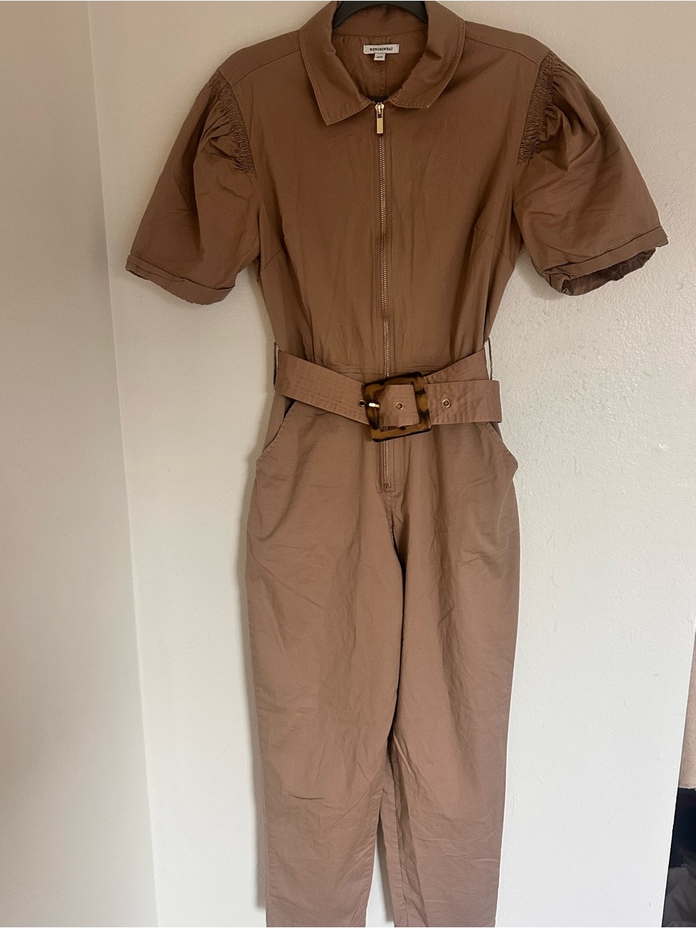 WeWoreWhat Taupe Short-Sleeve Belted Jumpsuit - Picture 5 of 6